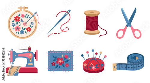 A vector illustration of sewing tools and equipment arranged on a table indoors.
