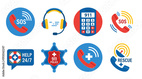 Emergency services vector icons depict rescue, police, and help symbols on blue backgrounds with red accents.