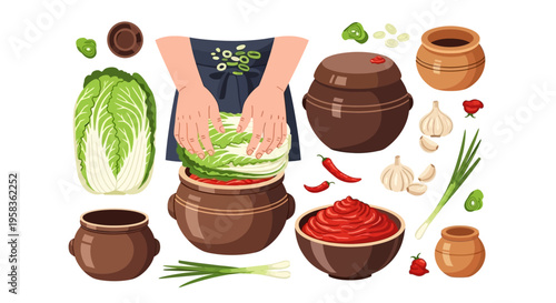 Traditional Korean Kimchi Making Process Illustration.