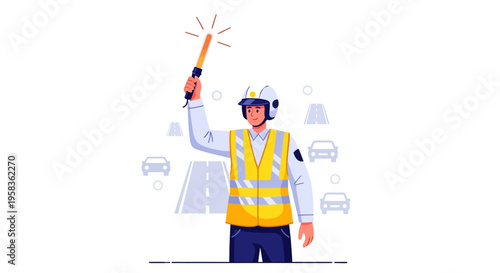 Traffic Controller Directing Vehicles with Illuminated Baton.