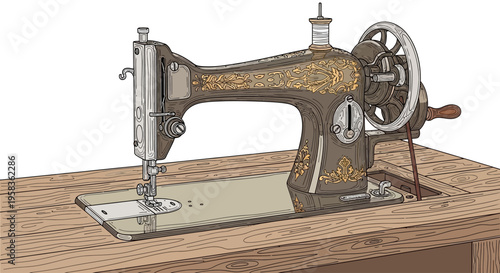 Vintage Sewing Machine on Wooden Table.
