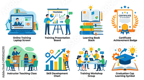 Vector graphics illustrate various educational settings with people learning and training in a classroom environment with technology.