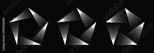 Collection of monochrome optical illusion geometric elements. Blend speed lines in pentagon form. Design element for logo, prints, template or posters. Vector illustration
