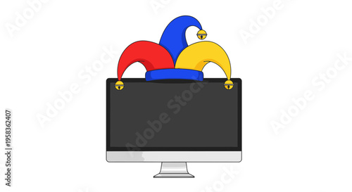 A whimsical computer monitor with colorful jester hats peeking out from behind the screen in a playful digital scene with a minimalist aesthetic and a hint of mischief and technology.