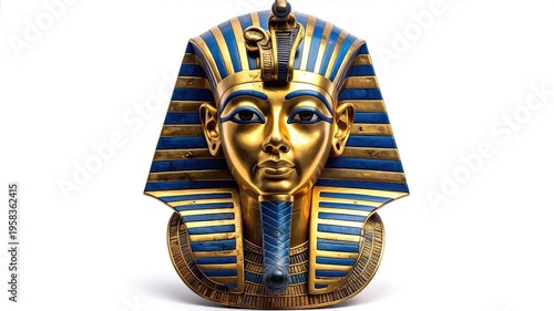 Ornate, gilded Egyptian pharaoh mask on bright white background