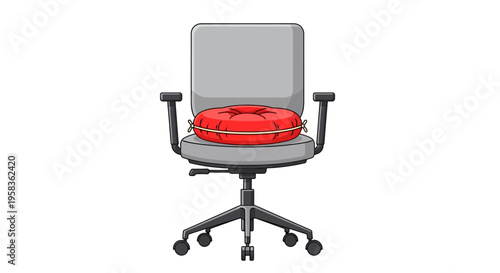 Life preserver on office chair, modern gray ergonomic rolling desk chair with red lifebuoy on seat, minimalist flat design, workplace safety concept, isolated on white background