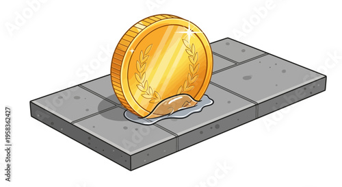 Golden coin melting on gray stone tile floor in cartoon isometric 3D style with shiny texture and reflective light