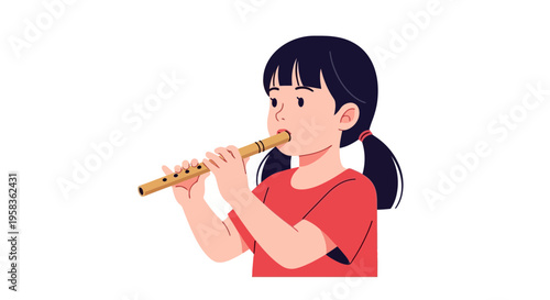 A young girl with dark hair in ponytail playing a wooden flute in a cute cartoon style, wearing a red short-sleeved shirt, looking focused and musical, in a simple white background, with a s