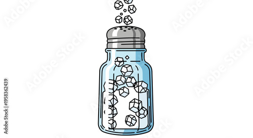 Vibrant Blue Glass Salt Shaker with Black and White Molecular Structures Floating Out, Minimalist Line Art Style, Isolated on White Background, Conceptual Representation of Chemical Compound