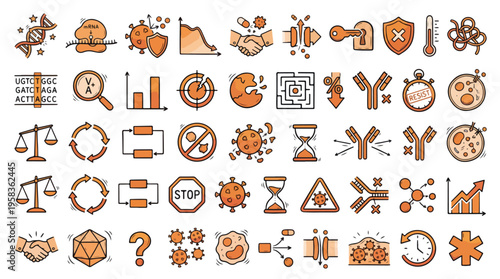 Microbiology and Medical Science Icon Set in Hand-Drawn Style. A collection of biology linear icons, including DNA, mRNA, virus, antibodies, research, vaccines
