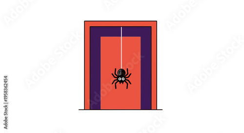 A black spider hanging from a white thread in front of a vibrant orange and purple rectangular background with geometric shapes, minimalist flat design, decorative element, Halloween symbol