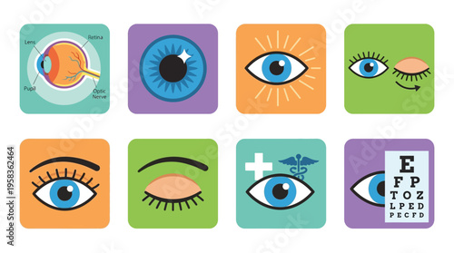 A vector illustration of various colorful eyes and an optometrist's chart in a medical setting with optometry equipment.
