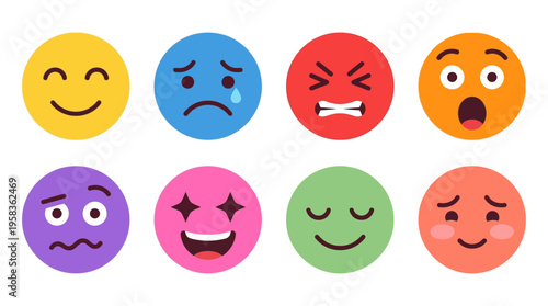 A vector illustration of various colorful emoticon faces expressing different emotions in a single composition.