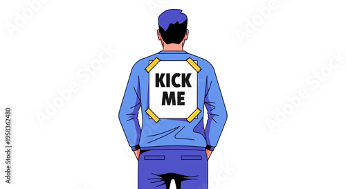 Humorous cartoon man with sign on back saying Kick Me, comedic illustration of person with hands on hips and provocative message on shirt, satirical artwork with bold lines and bright colors