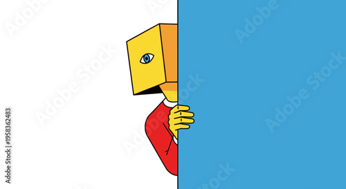 A cartoon character with a box for a head and one eye peeking around a blue corner wearing a red shirt in a minimalistic comic style