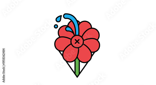 A cute cartoon red flower with a green stem getting watered with droplets and a blue watering can spout in a playful simple style on white background for decoration or design element.