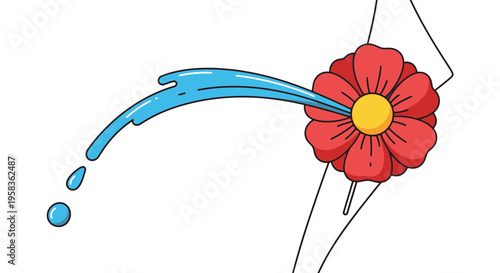 Minimalist cartoon water splash nourishing a blooming red flower with yellow center on a white background in a simple line art style