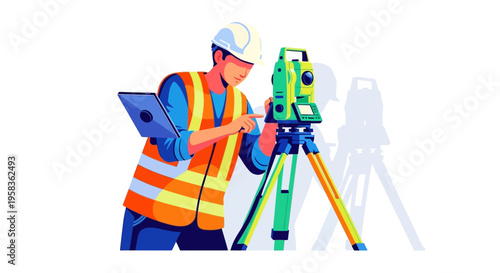 Surveyor using total station and tablet on construction site.