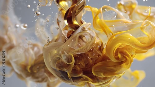 Ribbons of golden and creamy hues blend and dance, forming captivating shapes in a soft, neutral setting. Bubbles rise, adding a touch of whimsy to the visual delight unfolding.