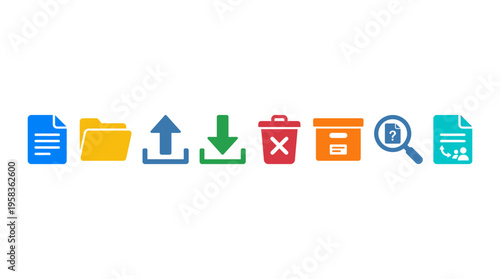 A vector graphic illustration of various file types and actions on a computer screen with icons.