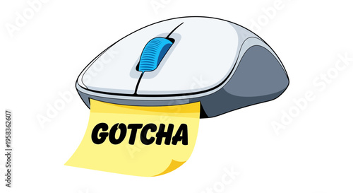 Computer Peripheral Mouse Device with Yellow Sticky Note Showing Warning Message Underneath Isolated on White Background