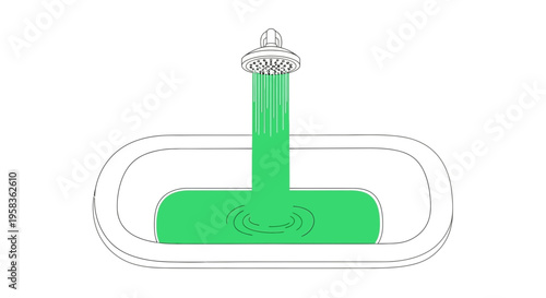 Conceptual illustration of water filling a bathtub with a showerhead pouring a stream of liquid onto the surface