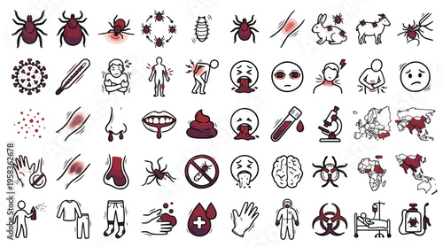 Tick-borne Disease CCHF Medical Icon Set in Doodle Style. A collection of linear icons including ticks, virus, fever, hemorrhage, rash, maps, PPE, biohazard, hospital, and more. Vector art.