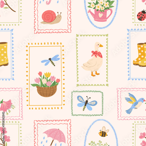 Cute seamless pattern with spring summer elements. Hand drawn print. Vintage illustration. 