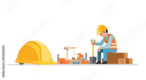 A tired construction worker wearing a yellow hard hat and orange vest is sitting on bricks, holding a shovel, with construction elements in the background.