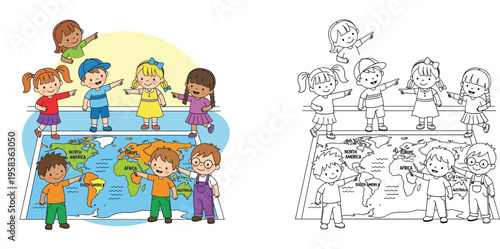Diverse Happy Kids Learning Geography with World Map Vector Illustration, Global Unity and Education Concept with Coloring Page and Colored Version for Classroom Activity (178 characters)
