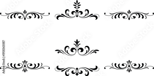 Elegant collection of black filigree dividers, decorative scrollwork elements, and vintage floral ornaments for classic wedding invitations and book designs.