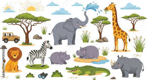 Safari Wildlife Animals Including Elephant, Giraffe, Lion, Zebra, Hippo, Crocodile, and African Landscape in Vector IllustrationSafari Wildlife Animals Including Elephant, Giraffe, Lion, Zebra, Hippo,