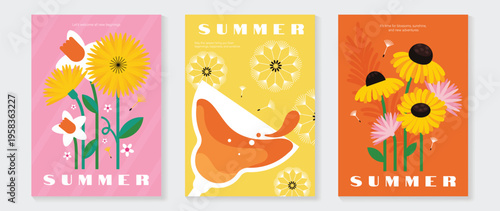 Summer floral poster vector set with dandelion seeds floating in air, yellow flowers, pink blooms and botanical elements on bright seasonal backgrounds. Cheerful summer wall art design for poster.