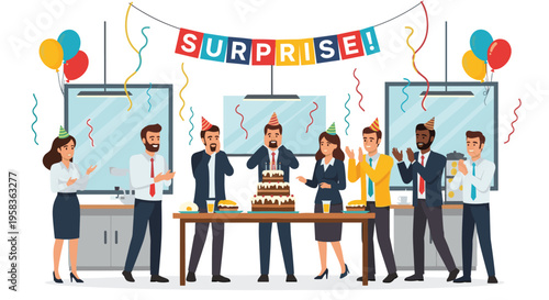 Eight diverse office colleagues celebrate a surprise birthday party with a cake, balloons, and a SURPRISE! banner.