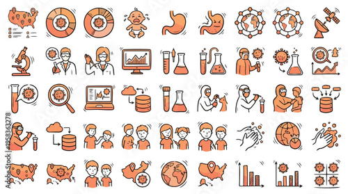 Pandemic Research Icon Set in Doodle Style. A collection of Medical Epidemiology Linear Icons, including Virus, Vaccine, Lab, Map, Doctor, Data, Graph, Globe, Science, Clinic