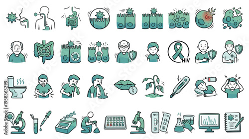 Digestive System and Infectious Disease Icons in Linear Style. A collection of linear icons including virus, bacteria, gut, HIV ribbon, fever, vomiting, stool, microscope, and more. Vector.