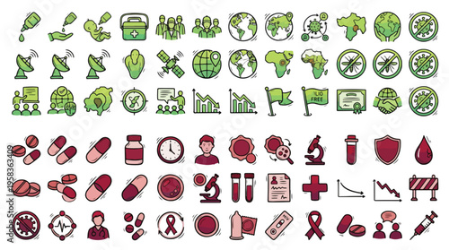 Medical and Global Health Icon Set in Hand-Drawn Style. A collection of Healthcare Linear Icons, including virus, pills, globe, doctor, blood, shield, ribbon, syringe, condom
