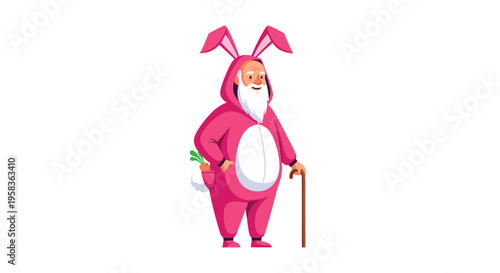 An elderly man with a white beard wears a pink bunny costume and holds a walking stick.