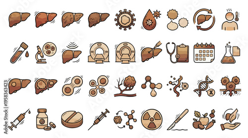 Liver Disease and Health Icon Set in Hand-Drawn Style. A collection of Medical Linear Icons, Including cirrhosis, hepatitis, cancer, biopsy, MRI, syringe, pills, diet, transplant
