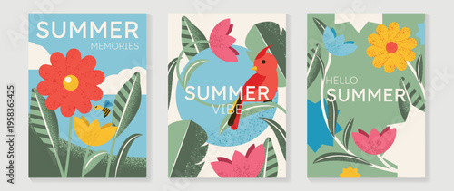 Summer tropical poster vector set with bird, hibiscus flower, calla lily, heliconia bloom, botanical leaves and exotic garden elements. Bright seasonal wall art design for poster, print, card and home