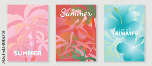 Summer tropical poster vector set with orchid flowers, hibiscus bloom, plumeria blossom, palm tree, botanical leaves and exotic garden elements. Bright seasonal wall art design for poster, print, card