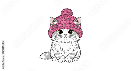 A fluffy grey and white cat wears a pink knitted bobble hat, sitting and looking forward.