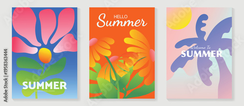 Summer tropical poster vector set with orchid flowers, hibiscus bloom, plumeria blossom, palm tree, botanical leaves and exotic garden elements. Bright seasonal wall art design for poster, print, card