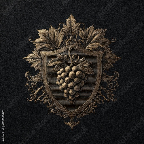 Ornate emblem featuring a grapevine design surrounded by decorative leaves on a dark background