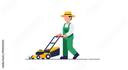 A man in a yellow hat and green overalls pushes a yellow lawnmower over grass on a white background.
