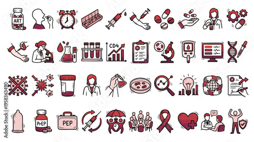 HIV AIDS Medical Awareness Icon Set in Doodle Style. A collection of Healthcare Linear Icons, Including medicine, virus, prevention, prep, pep, ribbon, blood, syringe, lab