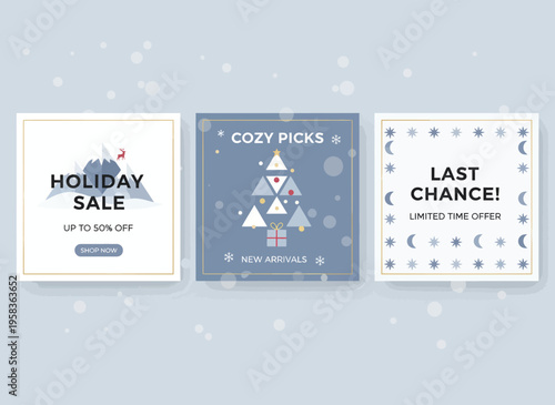 Three holiday-themed sale signs displayed on a light blue background with snowflakes