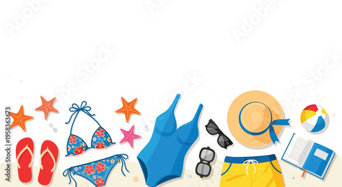A variety of summer beach essentials, including swimwear and accessories, are neatly arranged on a sandy surface.