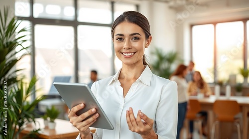 Confident Businesswoman in Eco-Friendly Office Showing Green Energy Charts