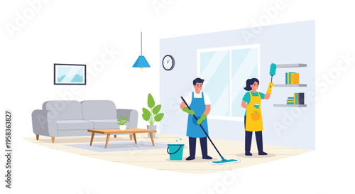 A man mops the floor and a woman dusts shelves in a clean living room.